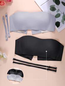 2pcs/Set Teen Girls Strapless Bandeau Bra Set, Removable Straps Invisible Push-Up Bra, Suitable For Daily And Formal Occasions - Multicolor - View 2