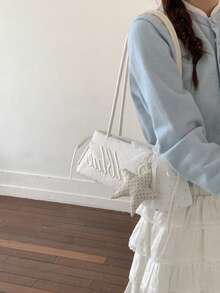 1pc Large Capacity Women's Shoulder Bag, Solid Color Fashion Bowling Bag, Zipper Closure, Letter Embroidery Decoration (Star Charm Not Included), Daily Use Bag, Suitable For Young Women - Travel, Shopping, Classroom, Date, Women's Gift, Office, Work, Travel - White - View 5
