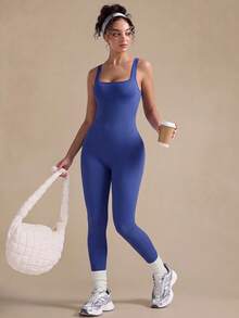 VVX Jumpsuit Yoga Wanita Leher Persegi Tanpa Punggung Pengontrol Perut Pengangkat Bokong, Celana Pendek Olahraga Tanpa Lengan Bergaris Tanpa Jahitan untuk Gym, Olahraga, dan Pakaian Sehari-hari - Biru - View 6