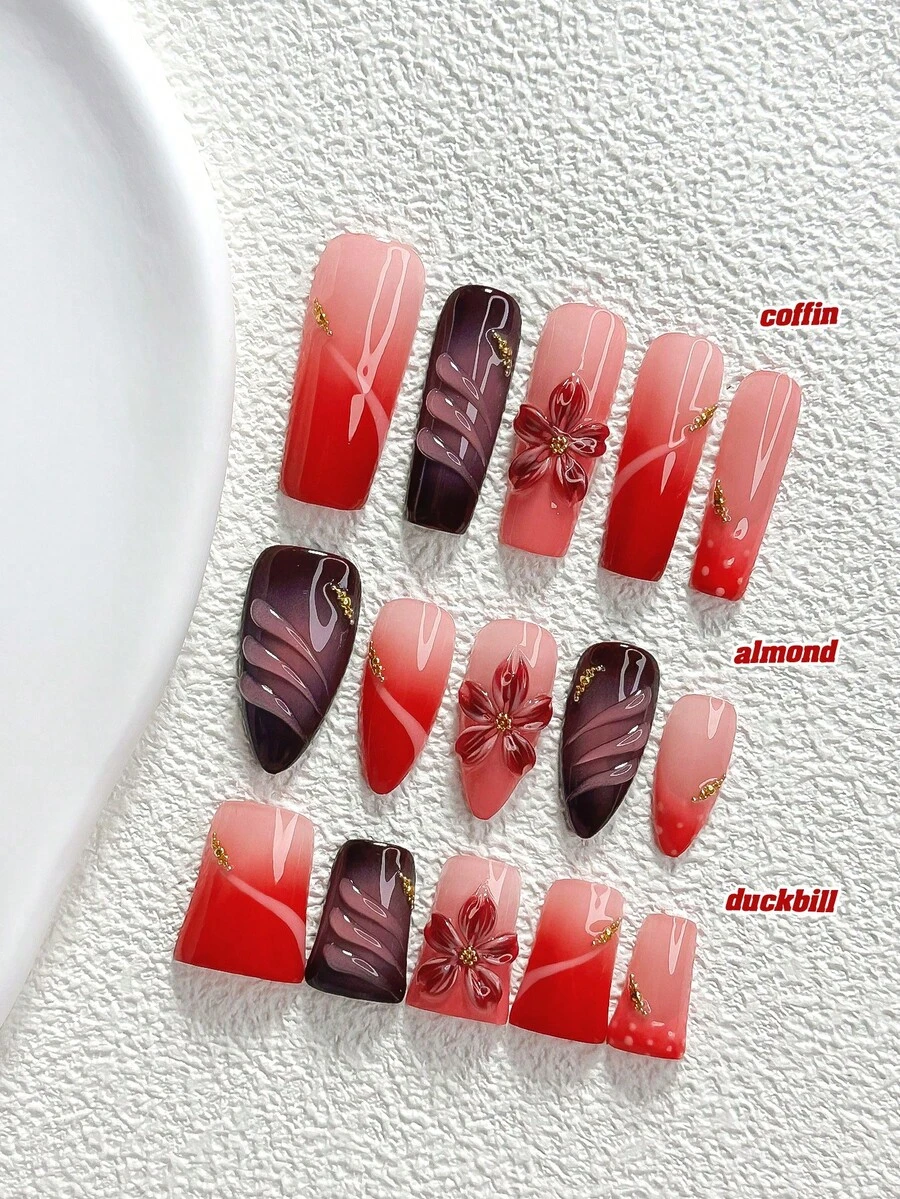 10片裝深色優雅手工穿戴甲,Polygel美甲套組,3D波浪紋理,紅粉色指甲油,復古哥德風,附美甲工具,3種尺寸可選,杏仁/鴨嘴/棺材形,適合派對、跳舞、日常配戴 - 彩色 - 查看 1