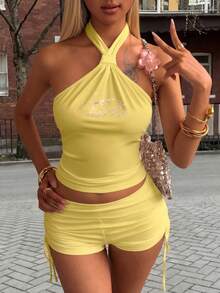2 piezas Conjunto de top halter y shorts con decoración de rhinestones para mujer, nuevo y elegante para el verano - Amarillo - Ver 2