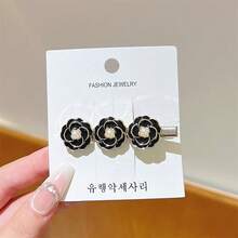 2pcs Vintage French Style Black Camellia Pearl Hair Clips For Women, Versatile Elegant Side-Sweep Straight Clip, Alligator Hair Clip For Loose Hair And Bangs - Hair Clip - View 4