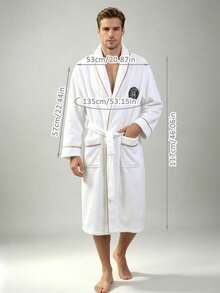 1pc Men's Solid Color Embroidered Trim Long Bathrobe, Comfortable Breathable Soft Plush Quick-Drying, Home Wear, Suitable For Home/Spa/Hotel/Leisure, All Season, Bathroom Decor (White) - Lapel - Plain Trimmed Round Logo Bathrobe - White - View 2