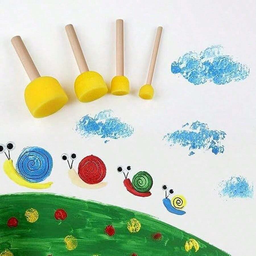 4支/套圆形蘑菇海绵刷套装 - 柔软可水洗,木柄握感舒适,适合学前手工、幼儿园绘画、儿童印章和亲子DIY艺术礼物 - 黃色 - 查看 1