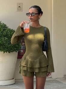 Women's Simple Elegant Comfortable Textured Ribbed Olive Green Knit Fabric Ruffle/Flounce Long Sleeve Short Double Layer Flounce Hem Jumpsuit For Office, Daily, Date, Suitable For Autumn/Winter - Olive Green - View 1