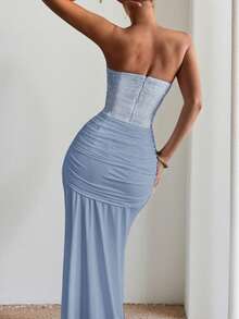 Autumn Party Luxury Strapless Evening Gown, Elegant Sexy Twisted Design Beach Dress, Suitable For Wedding, Dinner, Vacation, Commute - Baby Blue - View 3