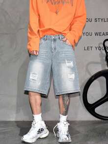 Pantalones cortos vaqueros desgastados y rotos para hombre, pantalones casuales sueltos lavados con vibración de longitud hasta la rodilla para verano - Celeste - Ver 7