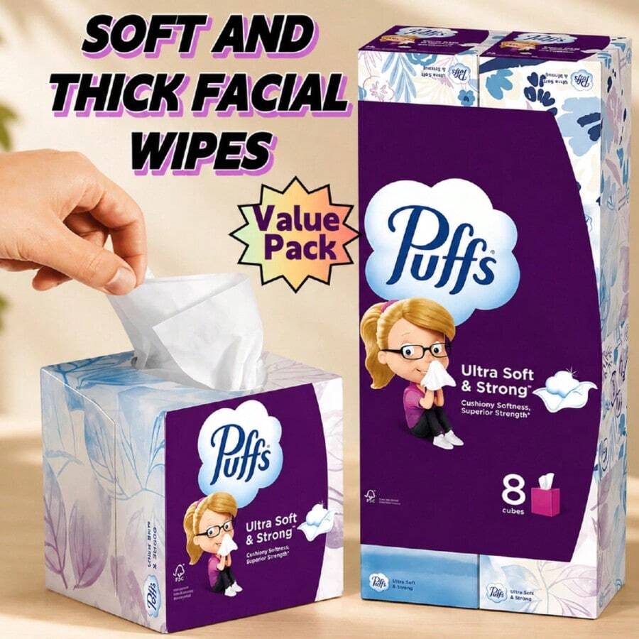 Buy One Get One Free 8pk/2pk Puffs Ultra Soft Thick Facial Tissues Cube Box Household Tissue Set Gentle Sturdy Disposable Face Tissues Skin Friendly Daily Home Bedroom Office Cleansing Paper Tissues For All Skin Types - 2pk - View 1