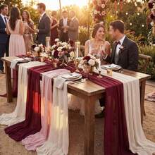 3PCS Red Chiffon Fabric Tablecloth Bohemian Transparent Satin Tablecloth Suitable For Autumn Thanksgiving Family Party Wedding Arch Background Baby/Bride Gift Birthday Party Restaurant Table Outdoor Party Festival Decoration - Burgundy - View 3