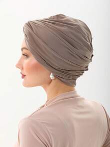 1 pieza Gorro turbante clásico minimalista de unicolor para mujer, diseño plisado completo de alta elasticidad, antideslizante, absorbente de sudor, transpirable, envoltura de cabeza plisada multicapa, hace que la cabeza se vea llena, combina perfectamente con el hiyab, tela de punto premium suave y cómoda de modal amigable con la piel, adecuado para uso diario - Beis - Ver 3