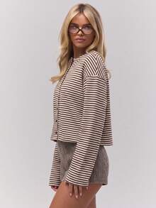 Women's Red Striped Cardigan, Round Neck, Long Sleeve, Front Button Closure, Elastic, Casual Daily Wear Top, Stylish, Comfortable, Versatile - Khaki - View 2