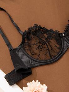 Deyllo Unpadded Transparent Mesh Lace Breathable Bra - Black - View 6