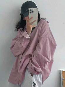 女款大尺碼條紋鈕扣開襟常規襯衫，長版落肩設計，梭織布料 - 紫丁香色 - 查看 2
