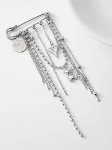 1 pieza Broche de cadena multicapa minimalista Y2K de plata con oso & corazón, joyería versátil de moda para mujer - Plateado - Ver 4
