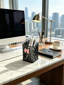 2pcs/1pc Ins Luxury Woven Square Pen Holder With Cute Bow Decoration, Student Desk Organizer, Office Large Capacity Pen Holder, Makeup Brush Holder, Multi-Function Storage Container - Rectangle - View 2