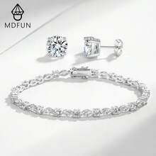 MDFUN Set Perhiasan Emas Putih 18K, Gelang Tennis 3,5mm & Anting Tusuk Bulat 6mm - emas putih - View 1