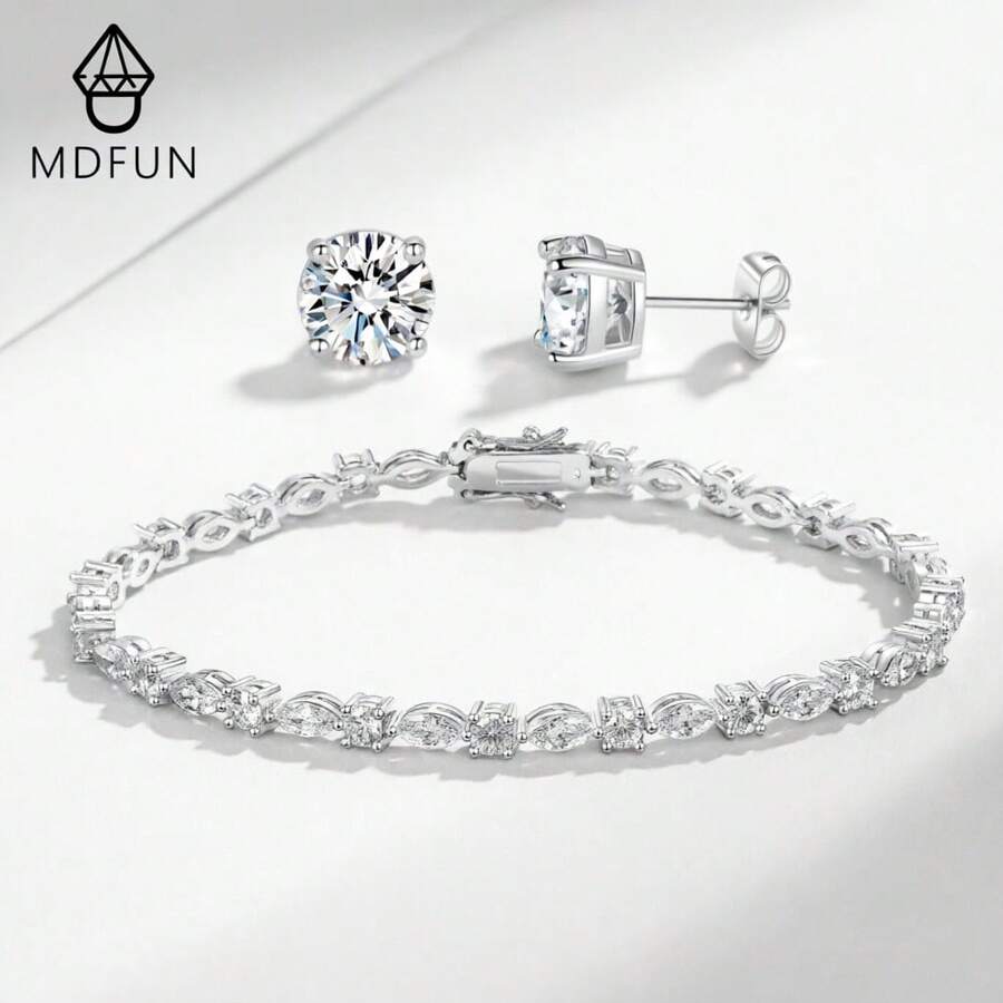 MDFUN Set Perhiasan Emas Putih 18K, Gelang Tennis 3,5mm & Anting Tusuk Bulat 6mm - emas putih - View 1