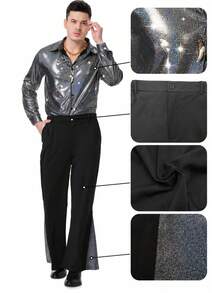 Men's 70s Disco Halloween Costume Set – Bell Bottom Pants, Retro Shirt, Wig, Necklace, Fake Mustache & Accessories For 1970s Fancy Dress Party - Silver - View 3
