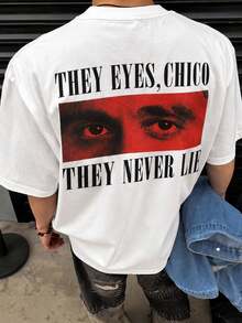 Fractyr Herren Oversize-T-Shirt mit beidseitigem Aufdruck, "Chico, sus ojos nunca mienten" Grafik-T-Shirt mit rotem Auge, inspiriert von Vintage-Streetwear - Schwarz - Übersicht 1