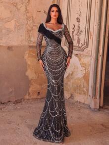Faeriesty Women's Elegant Heart-Neckline Pearl-Embellished Evening Gown, Sheer Sleeves, Mermaid Hem Party - Black - View 5