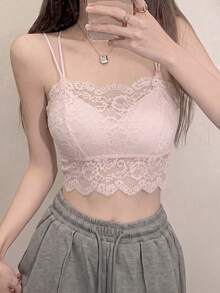 女款可愛性感蕾絲內搭背心，胸部加墊，純色休閒內搭衫 - 粉色 - 查看 2