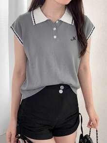 夏季通勤優雅 Polo 領撞色刺繡灰色百搭套頭短袖針織上衣，春夏約會度假日常街拍購物穿搭 - 灰色 - 查看 5