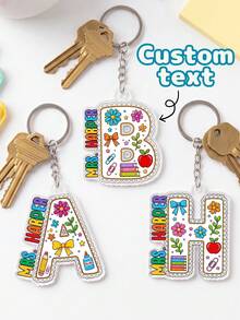 1 pieza Llavero de acrílico personalizado con inicial de maestro, lindo borde de encaje con lazo floral y letra de manzana, colgante de estilo dulce personalizado para maestro de jardín de niños & escuela primaria, regalo de agradecimiento al maestro, temporada de regreso a clases, accesorio para bolso - Multicolor - Ver 1