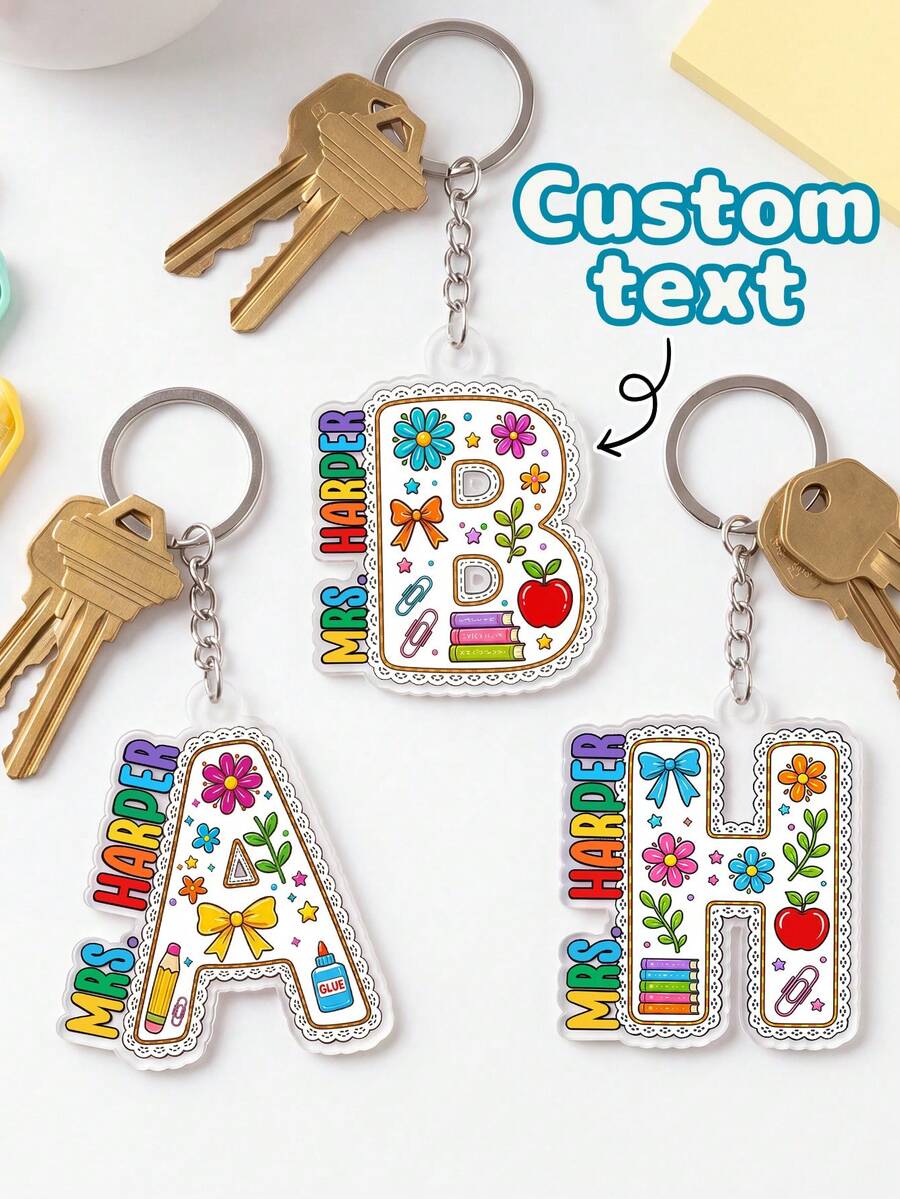 1 pieza Llavero de acrílico personalizado con inicial de maestro, lindo borde de encaje con lazo floral y letra de manzana, colgante de estilo dulce personalizado para maestro de jardín de niños & escuela primaria, regalo de agradecimiento al maestro, temporada de regreso a clases, accesorio para bolso - Multicolor - Ver 1