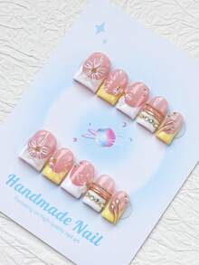 10PCS-Handmade Press On Nails, Square Shape, Fake Nails, Y2K Style, Sturdy, Reusable, White, Paired With French Style, 3D Design, Suitable For Daily Wear, Parties, Vacations, And Also The Best Holiday Gift For Girls And Women. - White - View 3