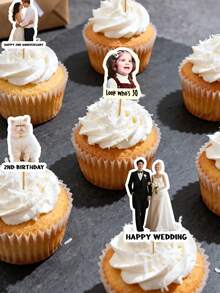 10/25/50/100/150pcs DIY Customized Photo + Text Cake Toppers, Personalized Cake Decorations, Custom Name Decor, Birthday Anniversary Wedding Use, Custom Face Stickers, Custom Text Funny Birthday Decor, Tabletop Decoration - Multicolor - View 3