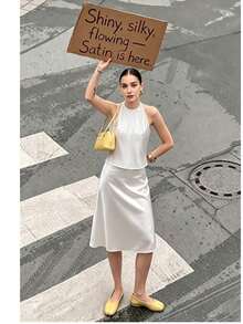 Spaghetti Strap A-Line Satin Drape Mermaid Skirt Fashion Set, Women Camisole Strap Knee-Length Skirt Summer - Pearl White - View 2
