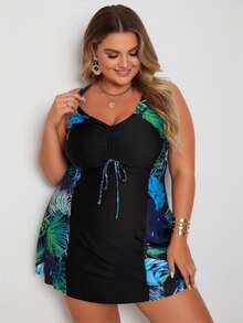 2026 Vacation Style Plus Size Swimdress: Vibrant Tropical Leaf Print On Black Base For A Fresh And Modest Beach Look - Black - View 2
