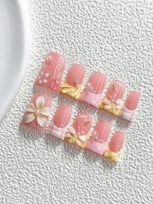 10件/組可愛甜美女孩風手工穿戴式美甲，Polygel美甲套組，3D雕花，粉色與黃色指甲油，韓系可愛美學風，含美甲工具，3種尺寸可選，杏仁形、鴨嘴形、棺材形，適合派對、舞蹈、日常配戴 - 彩色 - 查看 17