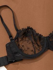 Deyllo Unpadded Transparent Mesh Lace Breathable Bra - Black - View 7