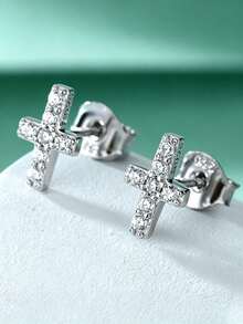 3Pcs S925 Silver Cross Moissanite Jewelry Set For Women, Pendant Necklace Earrings And Ring, Minimalist Layering Jewelry For Daily Wear & Gift For Her - Silver - View 7