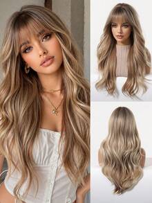 22 Inch Women Light Brown Ash Blonde Balayage Long Wavy Synthetic Wig With Air Bangs, Natural Layered Curly Hair For Daily Office Party Dating Cosplay Heat Resistant High Temperature Fiber - Multicolor - View 7