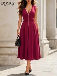 DONICY Vestido Midi Casual/para Encontro Ajustado com Zíper na Frente e Decote em V, Plissado, na Cor Bordô - Vinho - Visão 1