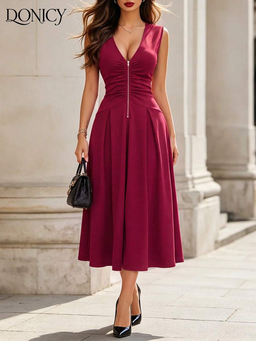 DONICY Vestido Midi Casual/para Encontro Ajustado com Zíper na Frente e Decote em V, Plissado, na Cor Bordô - Vinho - Visão 1