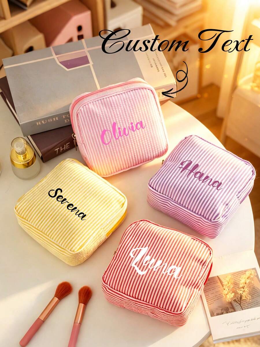 Custom Striped Sanitary Napkin Storage Bag - Personalized Text, Multiple Colors Available. Large Capacity; Can Also Be Used As Daily Makeup Bag Or Storage Pouch. - Multicolor - View 1