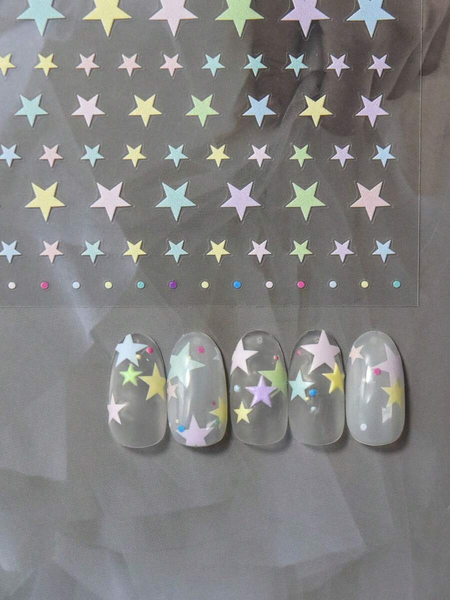 1片彩色星星3D軟浮雕自黏式美甲貼紙,馬卡龍色可愛3D美甲貼花 - 彩色 - 查看 1