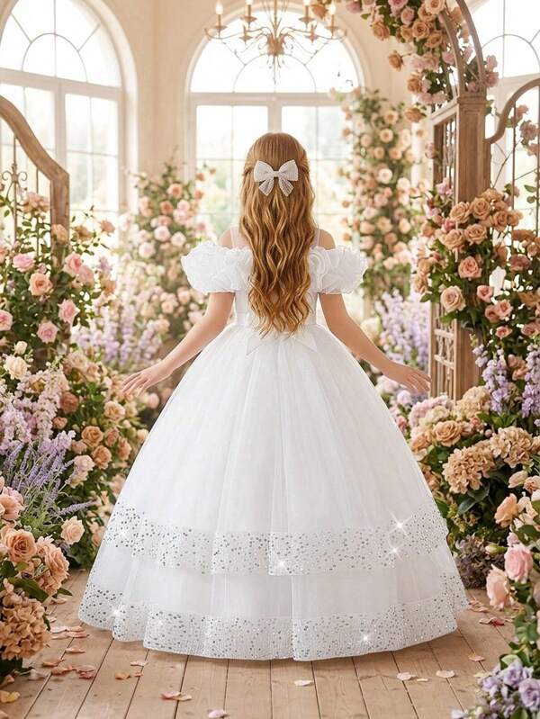 Tween Girls Sleeveless Pleated Organza Sequin Mesh Long Birthday Flower Girl Dress, Suitable For Graduation Prom, Headband Not Included