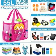 1pc Large Capacity Mesh Design Beach Bag, Suitable For Swimming Pool And Travel. Multi-Pocket Design For Easy Organization. Essential Beach Bag For Family Vacation - Multicolor - View 2
