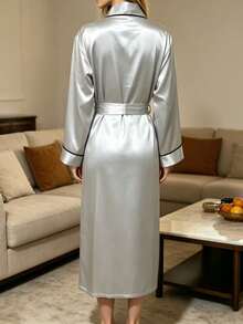 1pc Elegant French Style Women's Long Nightgown, Fashionable Minimalist Robe With Belt, Sexy Open Front Bathrobe - Light Grey - View 4