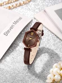 1pc Women's Roman Numeral Minimalist Fashion Vintage Leather Strap Watch Suitable For Daily Decoration - Coffee Brown - View 4