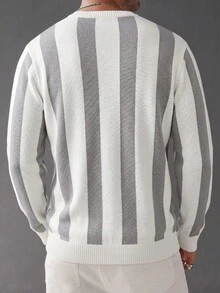SU ER 1pc Men's Autumn/Winter Casual Striped Knit Top - Light Grey - View 7