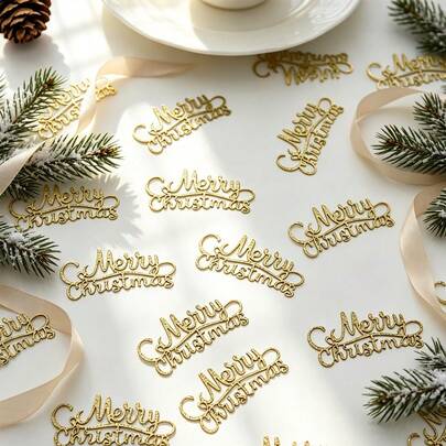 Gold Glitter "Merry Christmas" Confetti - Elegant Font Desktop Decoration, Suitable For Christmas Tree, Greeting Cards, Gifts, Wreaths, Perfect For Home, Office, Holiday Crafts - Holiday Party Supplies, Christmas Party Decor