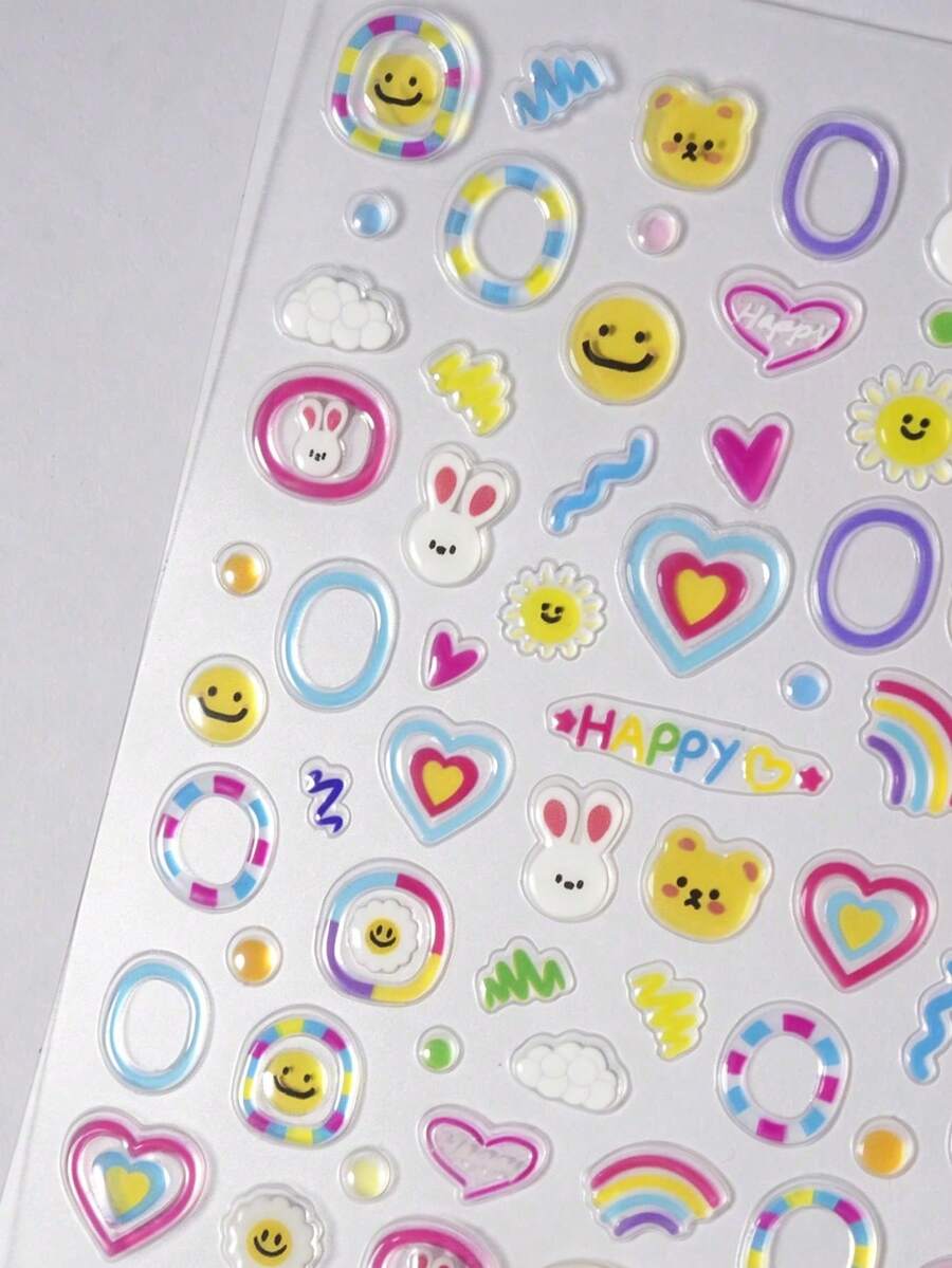 Dopamine-Style 5D Embossed Nail Art Stickers Featuring Colorful Bunnies Hearts And Jelly-Effect Designs Along With Cute Rabbits And Bears For DIY Nail Decoration - 彩色 - 查看 1