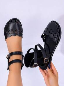 Vintage Hollow Toe Women's Flat Sandals, Solid Color Faux Leather Upper, Double Buckle Heel Strap, Casual Vacation, Lightweight And Breathable - Black Buckle - View 2