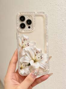 A White, Rhinestone-Studded, Clear Phone Case With A White Lily Pattern, Compatible With IPhone 17 Pro, 16e, 16 Pro, 15, 14, 13, 12, And 11 Models. A Summer Essential, Suitable For Everyday Use. Elegant Design, Unisex, And A Perfect Gift For Your Girlfriend During Christmas, Valentine's Day, Easter, Wedding Season, And Birthdays! - Clear - View 4