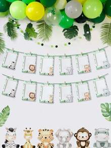 1套DIY叢林動物風格紙製相片卡套組，生日派對牆面裝飾相片組，可愛叢林動物圖案生日派對紀念相片展示懸掛裝飾套組，派對背景裝飾用品，拍照道具，適用於展示4英吋與6英吋相片，Wild One生日裝飾，生日派對房間牆面裝飾，居家裝飾，相框，橫幅，含夾子、細麻繩、雙面膠，生日禮物，派對小禮 - 彩色 - 查看 10